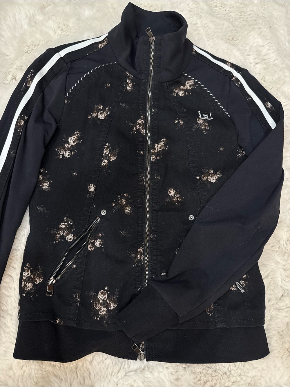 Marc Cain size1/ US 2 Black Floral Track Jacket with White Stripes - Picture 4 of 7